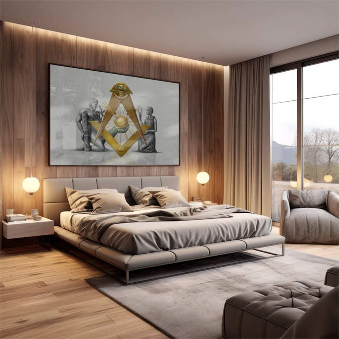 Quadro Decorativo Símbolo Maçônico: Luxo e Mistério - quadros decorativos 1 Tela, 1 Tela Horizontal - em escritorio elegante