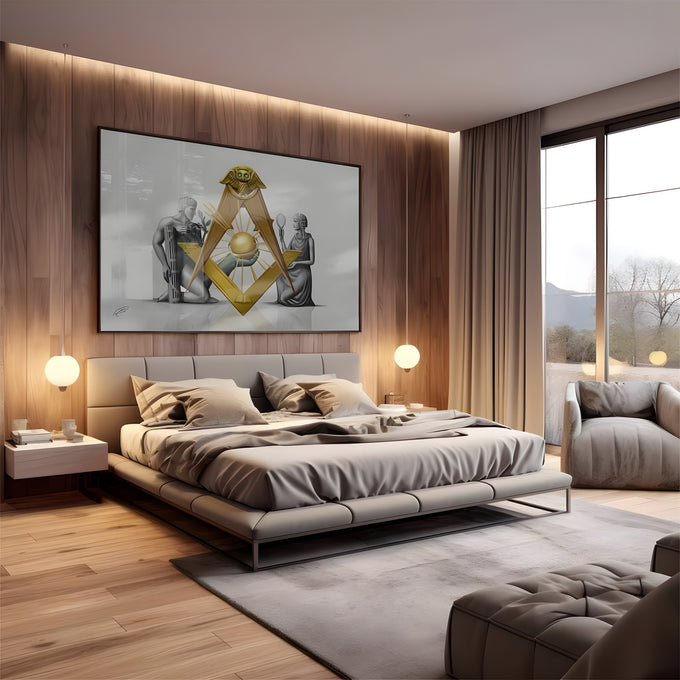 Esquadro e compasso dourados com coruja e sol entre figuras clássicas cinza, quadro decorativo