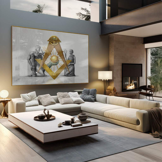 Quadro Decorativo Símbolo Maçônico: Luxo e Mistério - quadros decorativos 1 Tela, 1 Tela Horizontal - em sala moderna