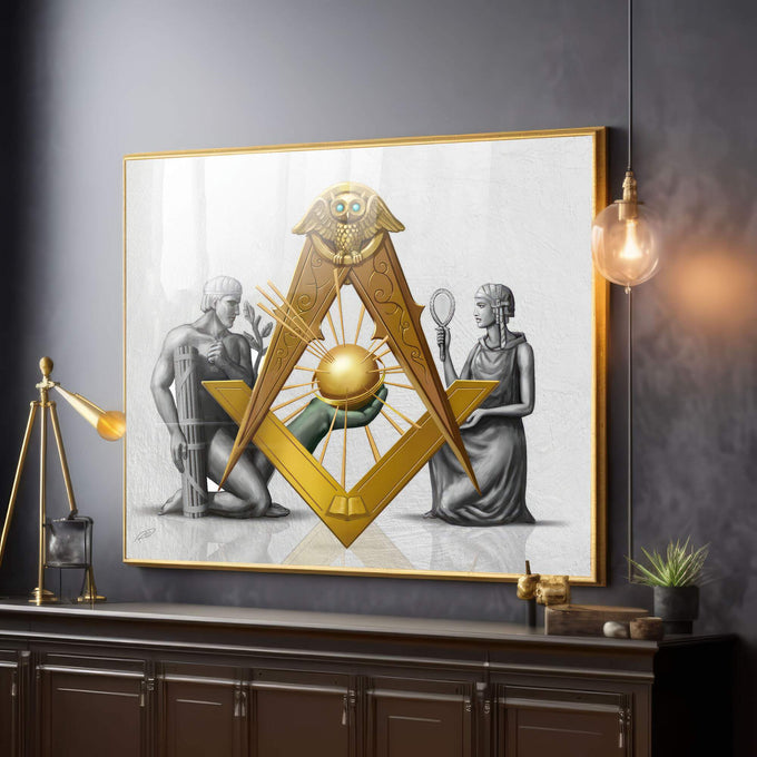 Quadro Decorativo Símbolo Maçônico: Luxo e Mistério - quadros decorativos para sala 1 Tela, 1 Tela Horizontal - em ambiente decorado