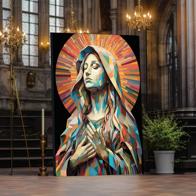 Quadro Decorativo Virgem Maria em Abstração: Inspiração Divina - quadros decorativos para sala 1 Tela Vertical, 3 Telas - em ambiente decorado