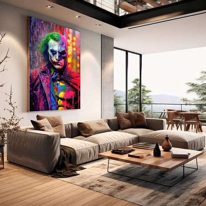 Quadro Decorativo Encontro Épico: Morcego vs Palhaço - quadros decorativos 1 Tela Vertical, 3 Telas - em sala moderna