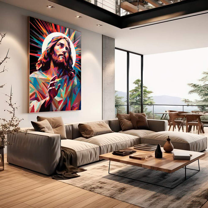 Quadro Decorativo Jesus Abstrato - Toque de Fé e Arte - quadros decorativos para sala 1 Tela Vertical, 3 Telas - em quarto contemporaneo