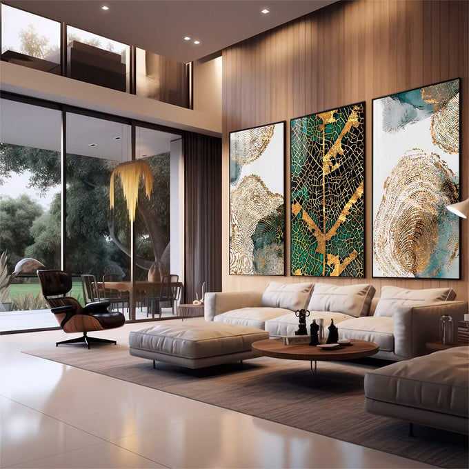 Quadro Decorativo Galeria de Ouro - Transforme Seu Espaço - quadros decorativos 1 Tela Vertical, 3 Telas - em sala moderna