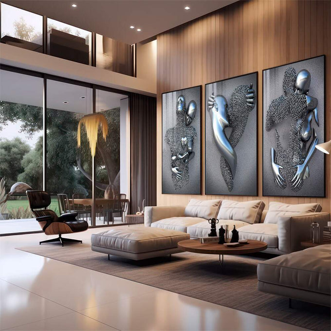 Quadro Decorativo: Encantamento Metálico - Inspire-se! - quadros decorativos 1 Tela Vertical, 3 Telas - em sala moderna