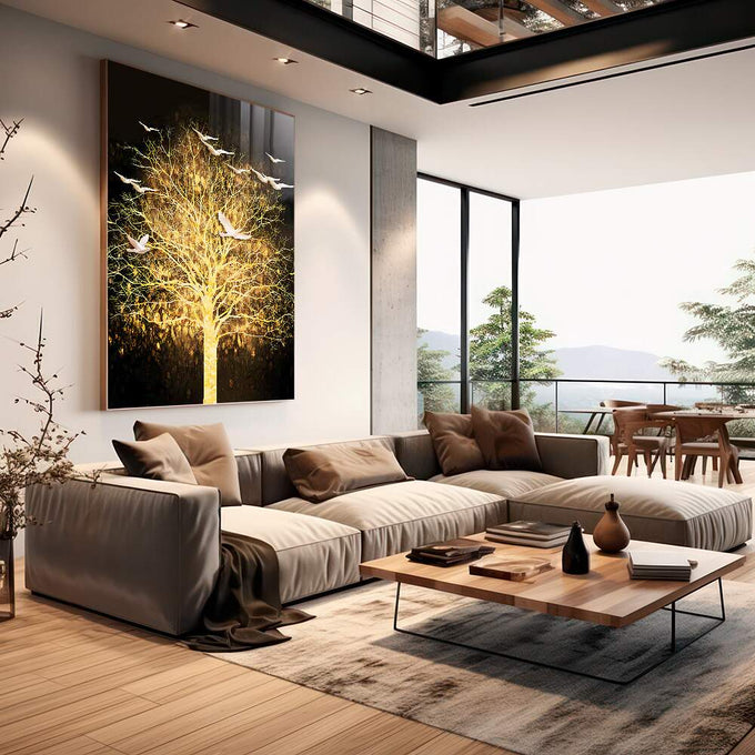 Quadro Decorativo Árvore da Vida Radiante - quadros decorativos 1 Tela Vertical, 3 Telas - em sala moderna