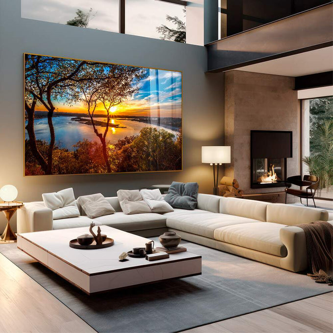 Quadro Decorativo O Encanto do Entardecer: Sinta a Paz - quadros decorativos 1 Tela, 1 Tela Horizontal - em sala moderna