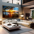 Pôr do sol dourado sobre lago visto do alto, com árvores em silhueta e céu azul, quadro decorativo