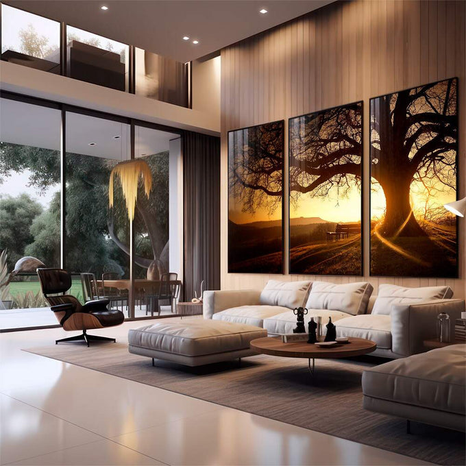 Quadro Decorativo Amanhecer Sereno: Toque de Paz - quadros decorativos 1 Tela Vertical, 3 Telas - em sala moderna