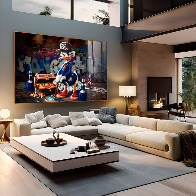 Tio Patinhas estilo hip-hop com baú de moedas de ouro e dinheiro diante de muro grafitado, quadro decorativo