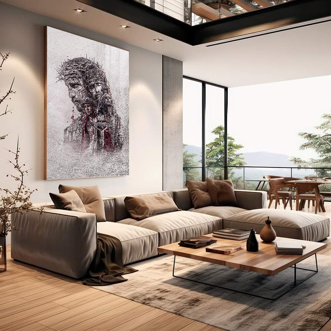 Quadro Decorativo: Visão Inspiradora de Jesus na Cruz - quadros decorativos para sala 1 Tela Vertical, 3 Telas - em quarto contemporaneo