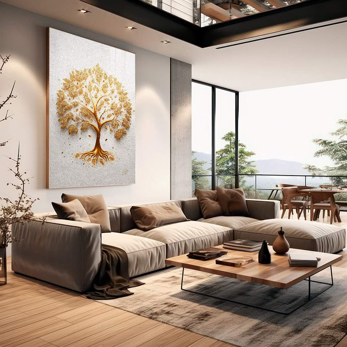 Quadro Decorativo Árvore da Riqueza Dourada - quadros decorativos 1 Tela Vertical, 3 Telas - em sala moderna