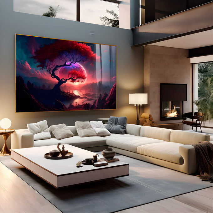 Árvore de copa vermelha retorcida diante de lua rosa, montanhas e rio ao entardecer, quadro decorativo