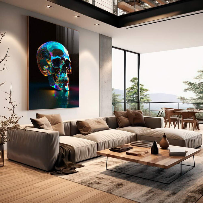 Quadro Decorativo - Crânio Colorido: Arte Urbana Vibrante - quadros decorativos 1 Tela Vertical, 3 Telas - em sala moderna