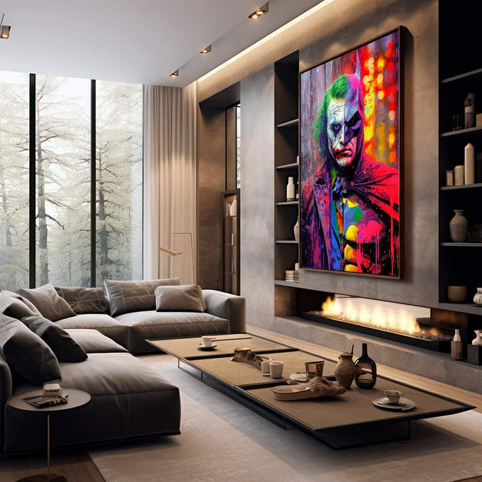 Quadro Decorativo Encontro Épico: Morcego vs Palhaço - quadros decorativos 1 Tela Vertical, 3 Telas - em escritorio elegante