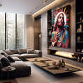 Quadro Decorativo Jesus Abstrato - Toque de Fé e Arte - quadros decorativos 1 Tela Vertical, 3 Telas - em escritorio elegante