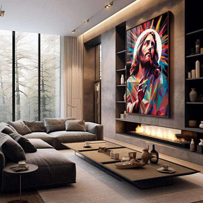 Quadro Decorativo Jesus Abstrato - Toque de Fé e Arte - quadros decorativos 1 Tela Vertical, 3 Telas - em escritorio elegante