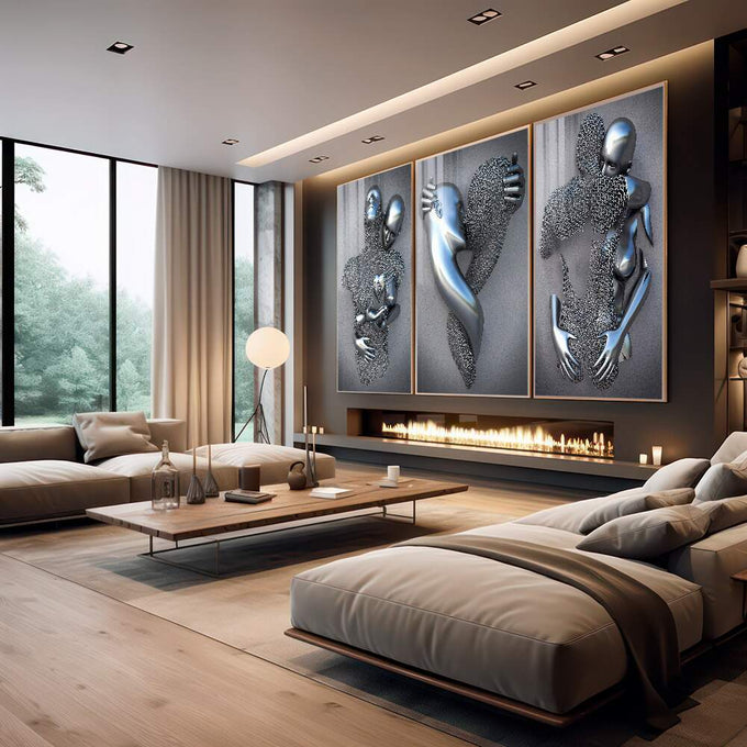 Quadro Decorativo: Encantamento Metálico - Inspire-se! - quadros decorativos para sala 1 Tela Vertical, 3 Telas - em quarto contemporaneo