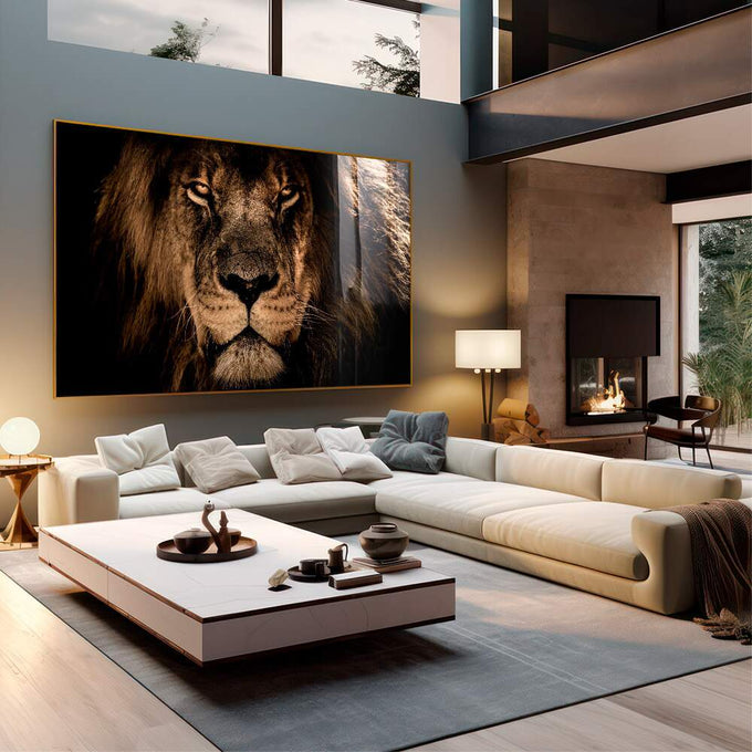 Quadro Decorativo O Esplendor do Leão: Majestade e Paz - quadros decorativos 1 Tela, 1 Tela Horizontal - em sala moderna
