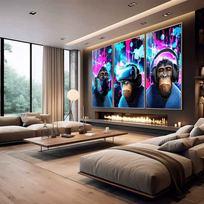 Quadro Decorativo Chimpanzés e a Era Digital: Uma Perspectiva Única - quadros decorativos para sala 1 Tela Vertical, 3 Telas - em quarto contemporaneo