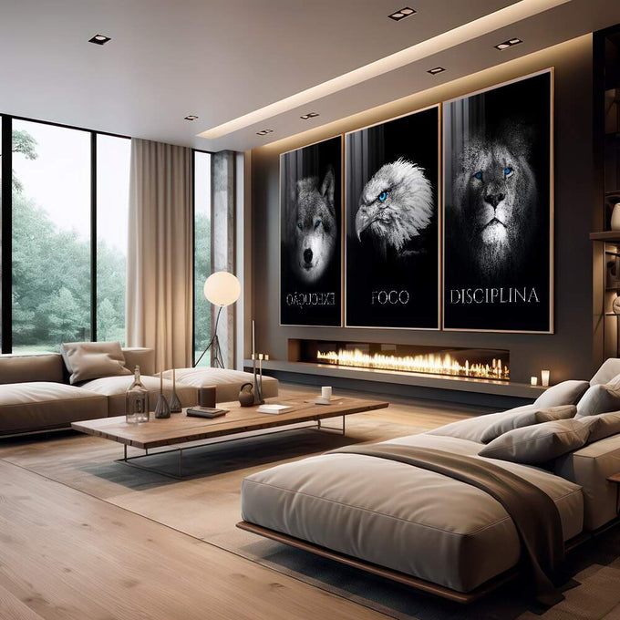 Quadro Decorativo Foco, Execução e Disciplina: Transforme Seu Ambiente - quadros decorativos 1 Tela Vertical, 3 Telas - em escritorio elegante