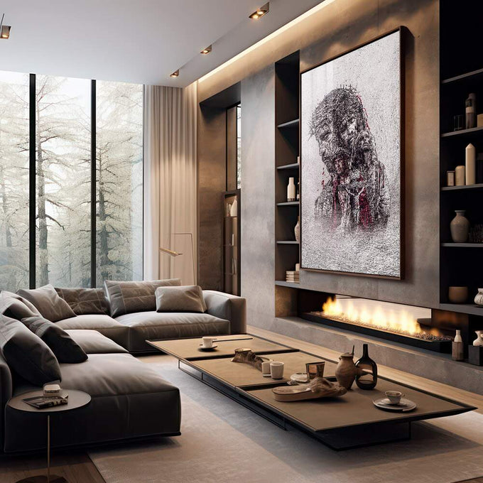 Quadro Decorativo: Visão Inspiradora de Jesus na Cruz - quadros decorativos 1 Tela Vertical, 3 Telas - em escritorio elegante