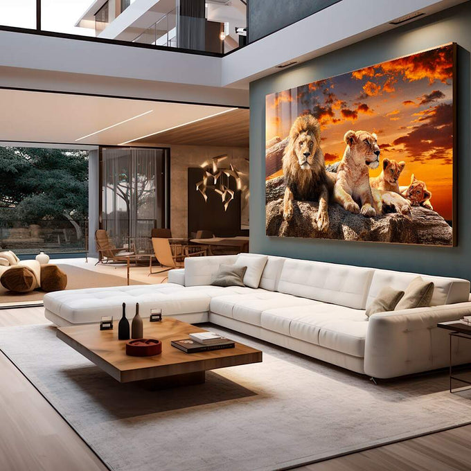 Quadro Decorativo Leões ao Pôr do Sol - Família e Força - quadros decorativos para sala 1 Tela, 1 Tela Horizontal - em quarto contemporaneo