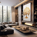Quadro Decorativo Árvore da Riqueza Dourada - quadros decorativos para sala 1 Tela Vertical, 3 Telas - em quarto contemporaneo