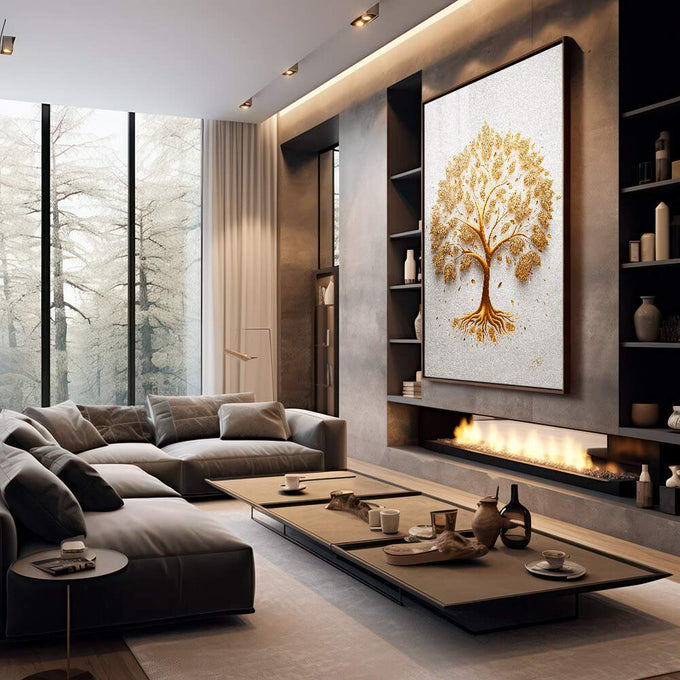 Quadro Decorativo Árvore da Riqueza Dourada - quadros decorativos para sala 1 Tela Vertical, 3 Telas - em quarto contemporaneo