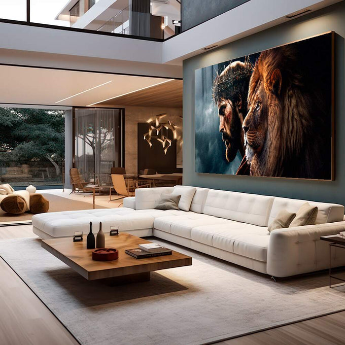 Quadro Decorativo Divindade e Realeza Jesus e Leão de Judá - quadros decorativos para sala 1 Tela, 1 Tela Horizontal - em quarto contemporaneo