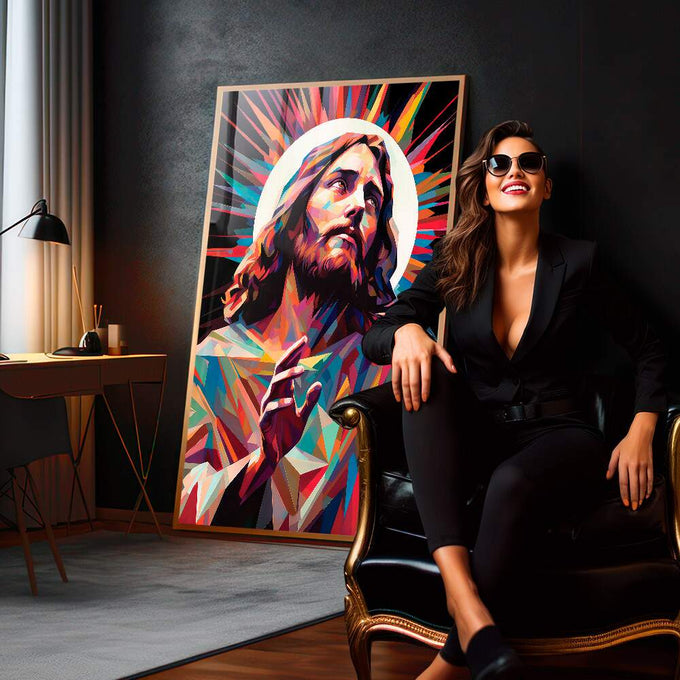 Quadro Decorativo Jesus Abstrato - Toque de Fé e Arte - quadros decorativos 1 Tela Vertical, 3 Telas - em sala moderna