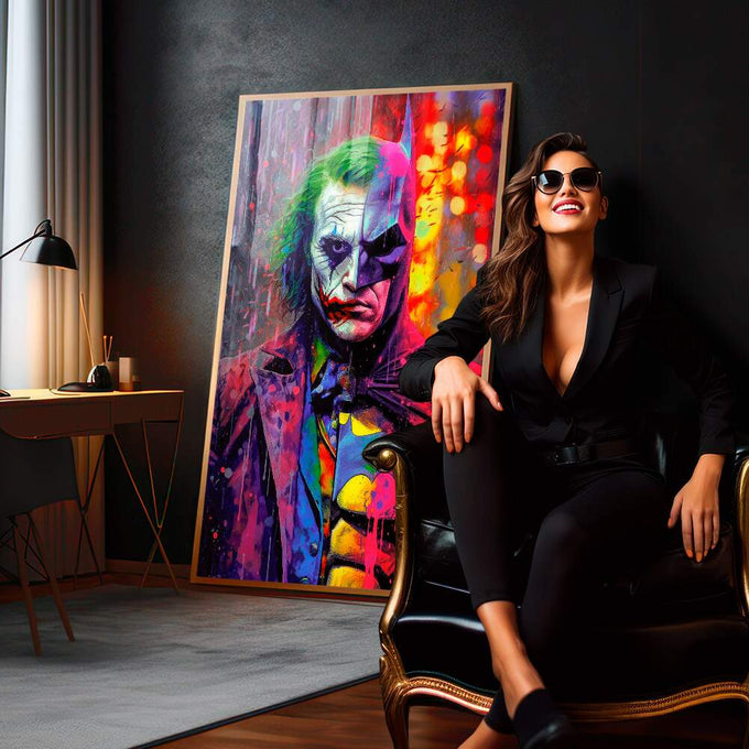 Quadro Decorativo Encontro Épico: Morcego vs Palhaço - quadros decorativos para sala 1 Tela Vertical, 3 Telas - em quarto contemporaneo