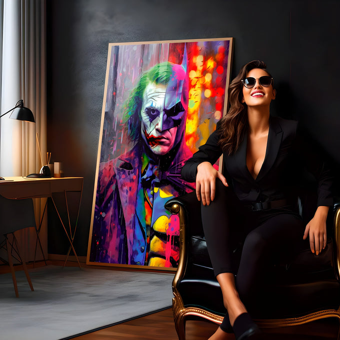Rosto dividido entre palhaço de cabelo verde e herói morcego em pop art roxo e vermelho, quadro decorativo