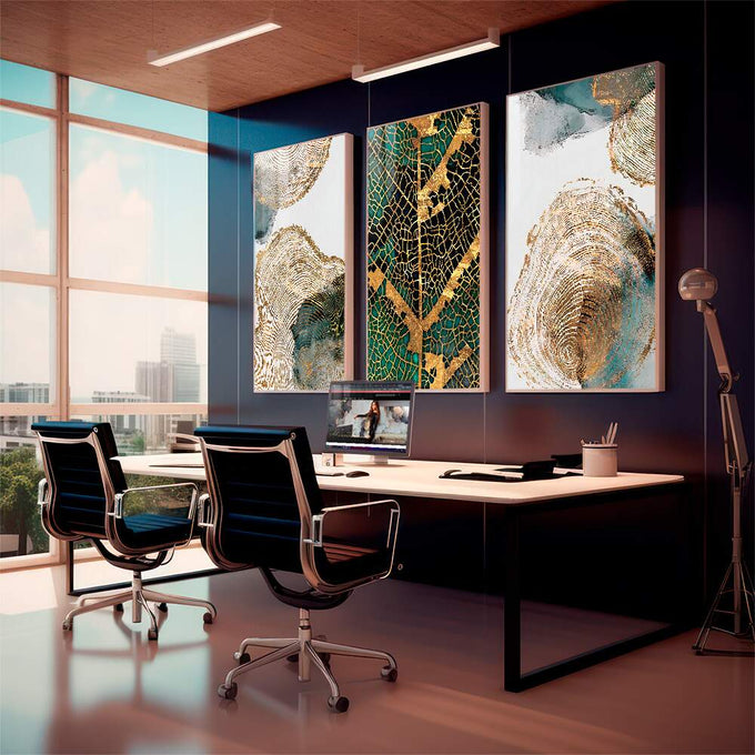 Quadro Decorativo Galeria de Ouro - Transforme Seu Espaço - quadros decorativos 1 Tela Vertical, 3 Telas - em escritorio elegante