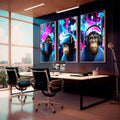 Quadro Decorativo Chimpanzés e a Era Digital: Uma Perspectiva Única - quadros decorativos 1 Tela Vertical, 3 Telas - em escritorio elegante