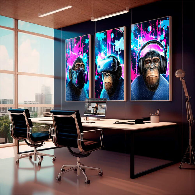 Quadro Decorativo Chimpanzés e a Era Digital: Uma Perspectiva Única - quadros decorativos 1 Tela Vertical, 3 Telas - em escritorio elegante