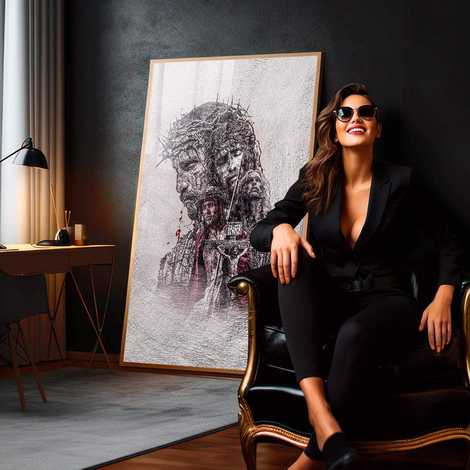 Quadro Decorativo: Visão Inspiradora de Jesus na Cruz - quadros decorativos para sala 1 Tela Vertical, 3 Telas - em living room premium