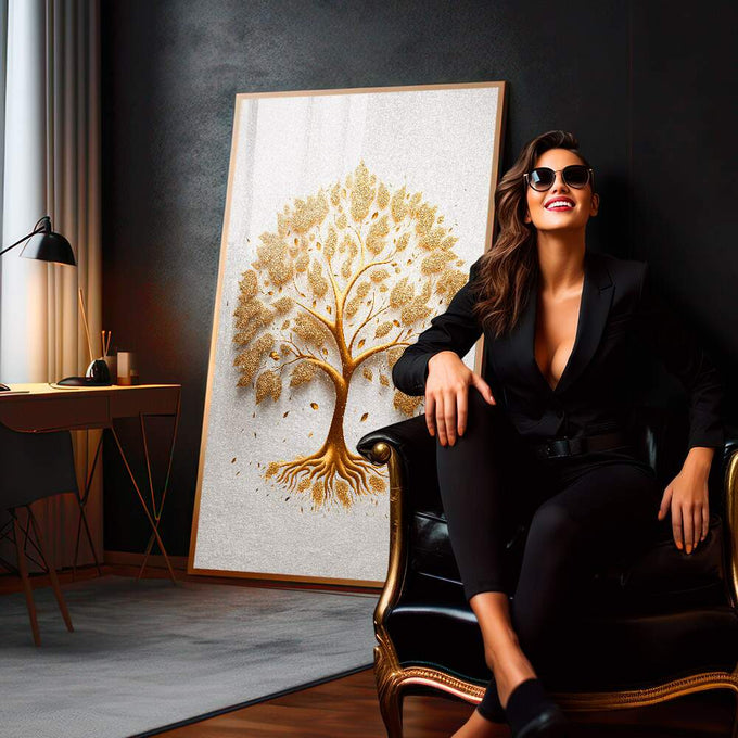Quadro Decorativo Árvore da Riqueza Dourada - quadros decorativos 1 Tela Vertical, 3 Telas - em escritorio elegante