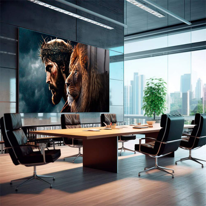 Quadro Decorativo Divindade e Realeza Jesus e Leão de Judá - quadros decorativos 1 Tela, 1 Tela Horizontal - em escritorio elegante