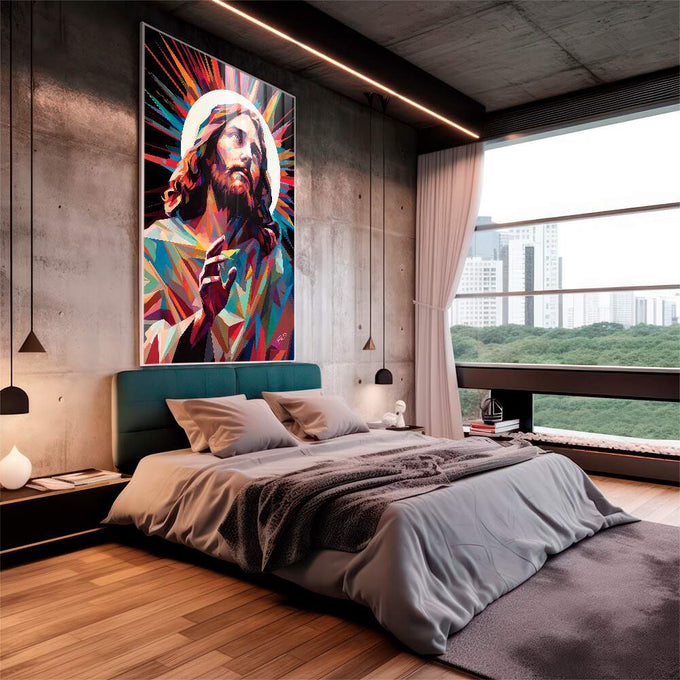 Quadro Decorativo Jesus Abstrato - Toque de Fé e Arte - quadros decorativos para sala 1 Tela Vertical, 3 Telas - em living room premium