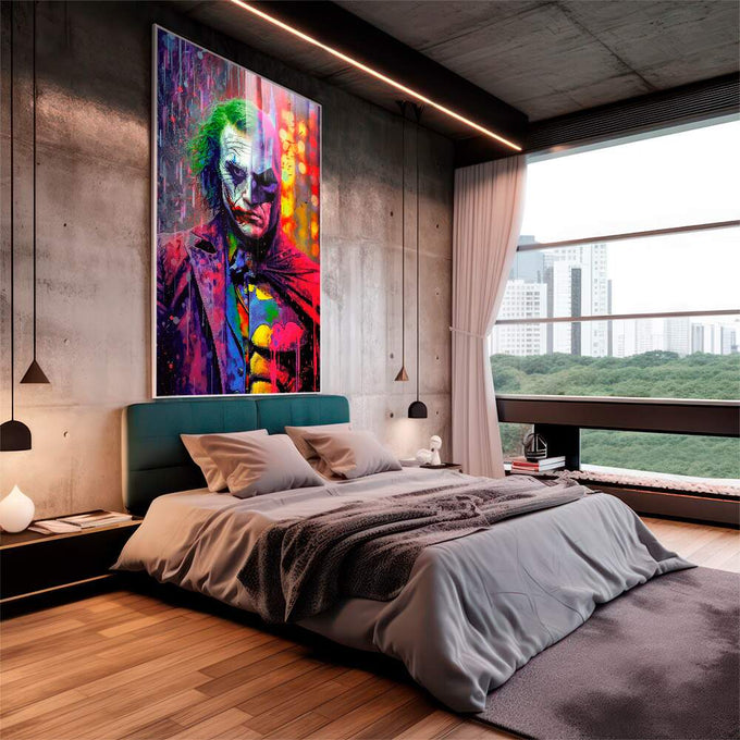 Quadro Decorativo Encontro Épico: Morcego vs Palhaço - quadros decorativos para sala 1 Tela Vertical, 3 Telas - em living room premium