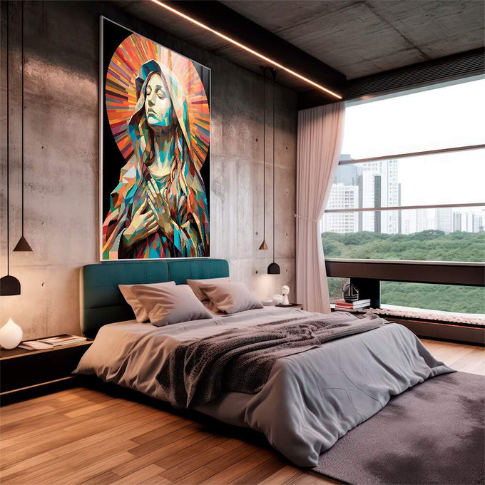 Quadro Decorativo Virgem Maria em Abstração: Inspiração Divina - quadros decorativos 1 Tela Vertical, 3 Telas - em sala moderna