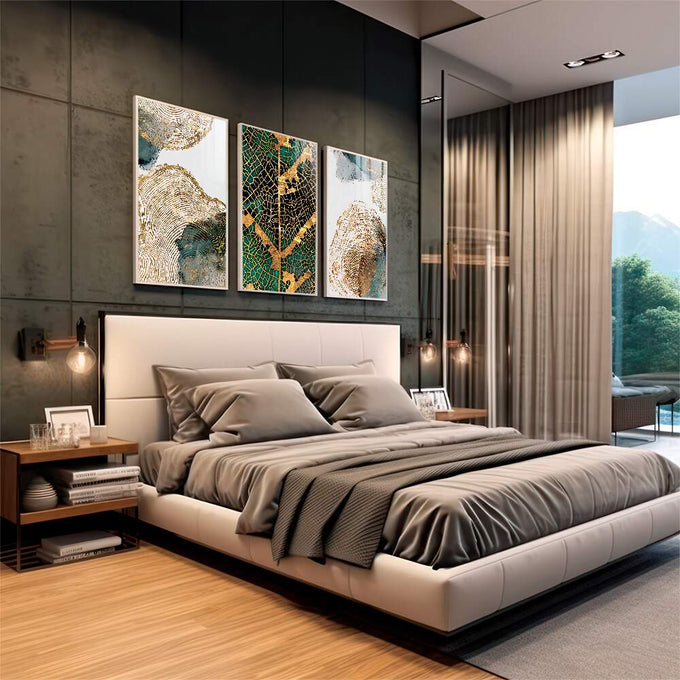 Quadro Decorativo Galeria de Ouro - Transforme Seu Espaço - quadros decorativos para sala 1 Tela Vertical, 3 Telas - em living room premium