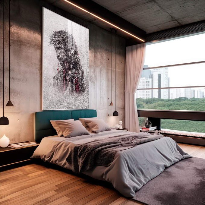 Quadro Decorativo: Visão Inspiradora de Jesus na Cruz - quadros decorativos 1 Tela Vertical, 3 Telas - em sala moderna