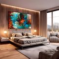 Pinceladas curvas em azul, laranja e vermelho se entrelaçando em movimento, quadro decorativo