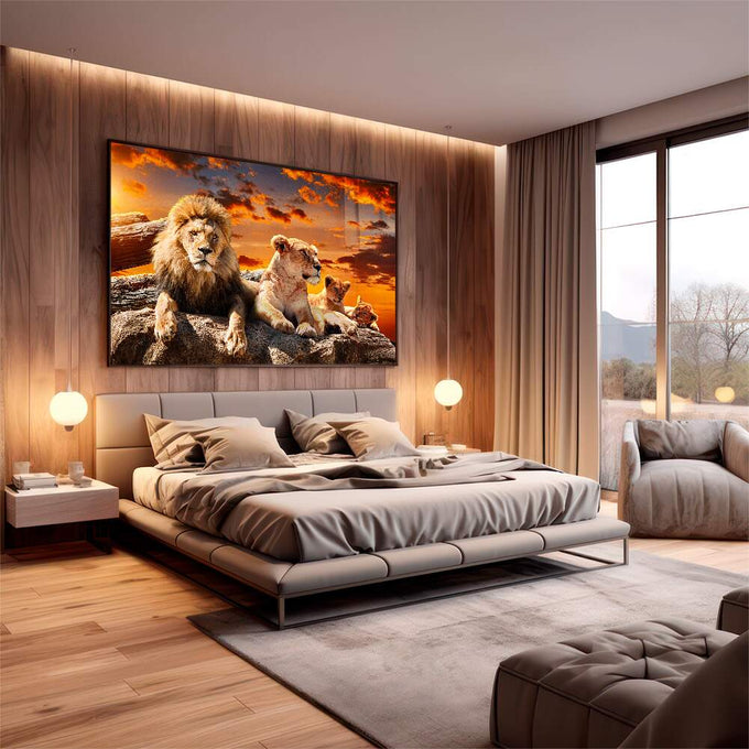 Quadro Decorativo Leões ao Pôr do Sol - Família e Força - quadros decorativos para sala 1 Tela, 1 Tela Horizontal - em living room premium
