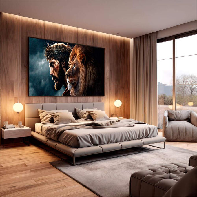 Quadro Decorativo Divindade e Realeza Jesus e Leão de Judá - quadros decorativos para sala 1 Tela, 1 Tela Horizontal - em living room premium