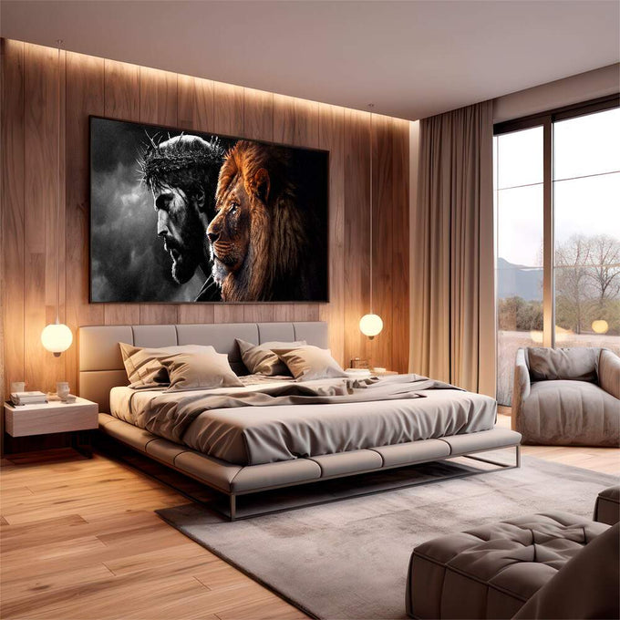 Quadro Decorativo O Leão e o Salvador: Inspiração Única - quadros decorativos para sala 1 Tela, 1 Tela Horizontal - em living room premium