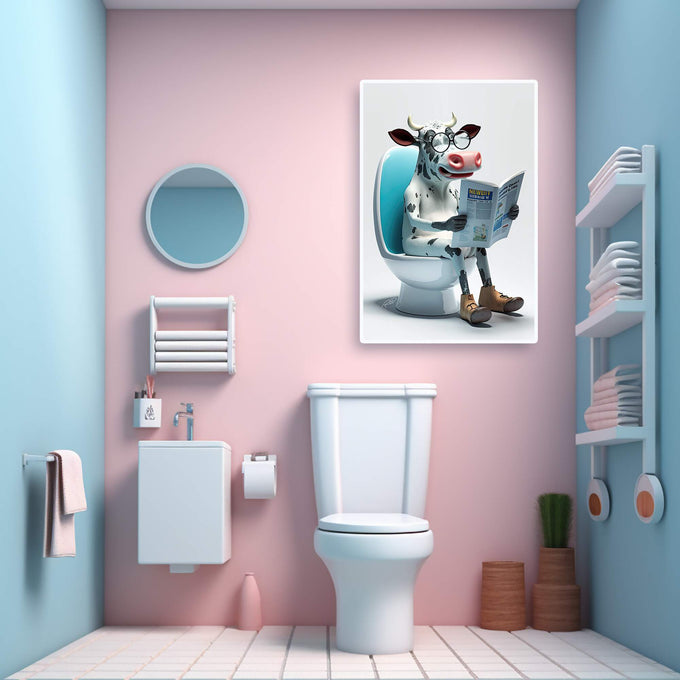 Quadro Decorativo Vibrante: Vaca Leitora em Momento Único - quadros decorativos para sala 1 Tela Vertical, 3 Telas - em ambiente decorado