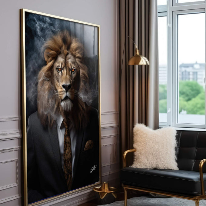 Quadro Decorativo Leão Elegante: Sofisticação Pura - quadros decorativos para sala 1 Tela Vertical, 3 Telas - em ambiente decorado